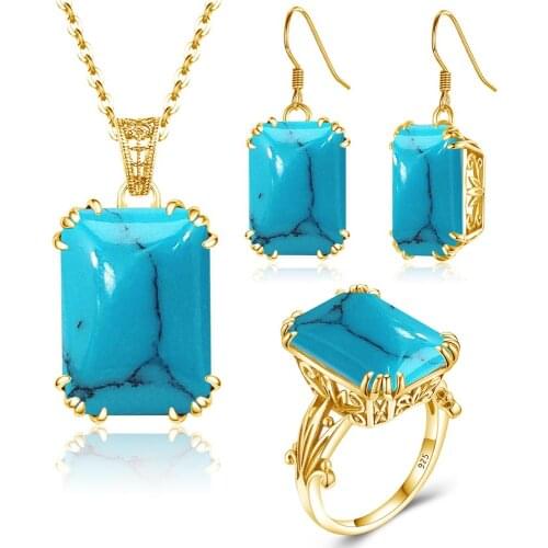 925 Silver Jewelry Set For Women Pure 925 Sterling Silver Gold Color Punk Big Gemstones Turquoise Rectangle Trendy Fine Jewelry