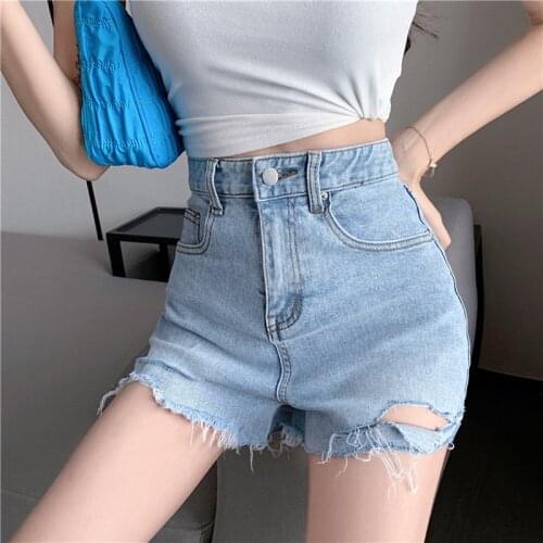 Y2k Summer Hole Short Jeans Women Large Size High Waist Loose Shorts Korean Style Casual A-Line Shorts 0080