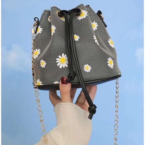 Daisy Flower Bucket Bags for Women Mini Small Ladies Chain Shoulder Bag Fashion Leather Drawstring Crossbody Bags Bolsa Feminina