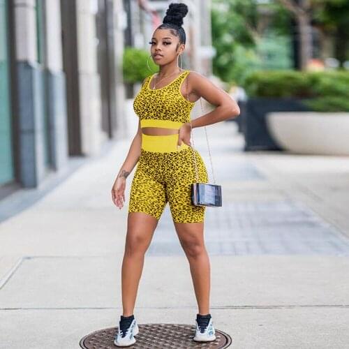 Womens Leopard Two Piece Sport Suit Sleeveless O-neck Slim Fit Tank Top+high Waist Workout Biker Short Athleisure Matching Set