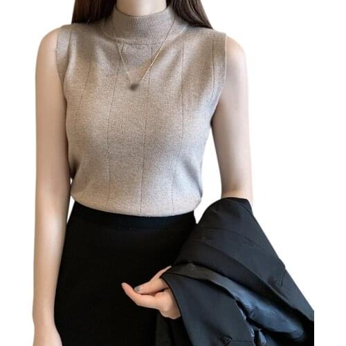 Women\s Top Solid Color Half Turtleneck Tshirt Fashion Slim Knitted Sleeveless Summer Tee Shirt