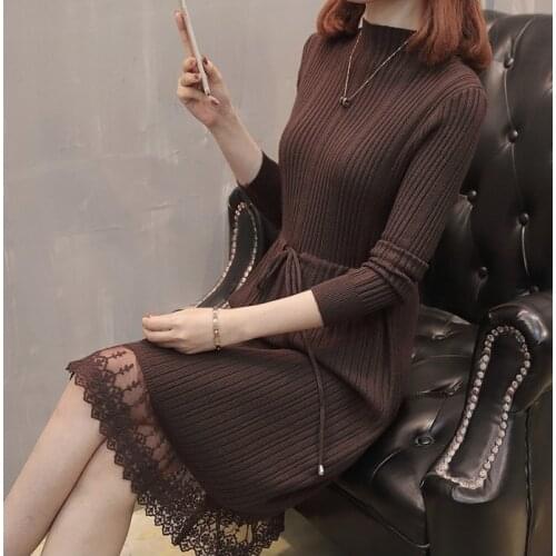 Women Warm Sweater Dress Autumn Winter Elastic Soild Long Sleeve Casual A-line Knitting dress Female Patchwork Race knit dress