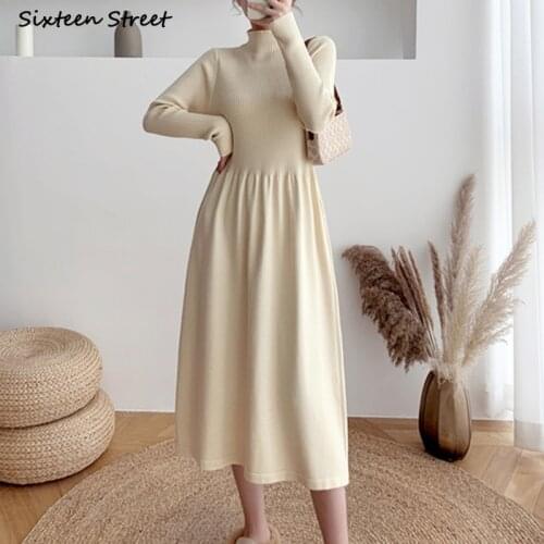 Half High Collar Knitted Dress Woman Apricot Elegant Autumn Winter 2021 Sweater Long Dresses Vestido Female Soft Warm Knitwear