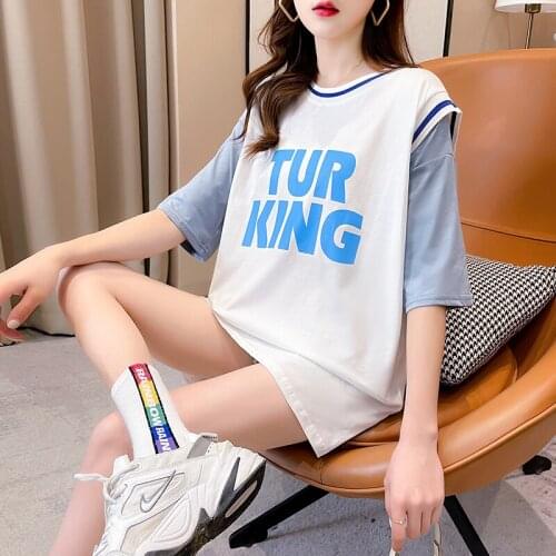 2021 Summer Fake Two Short-sleeved T-shirt Women Loose Tops for Women