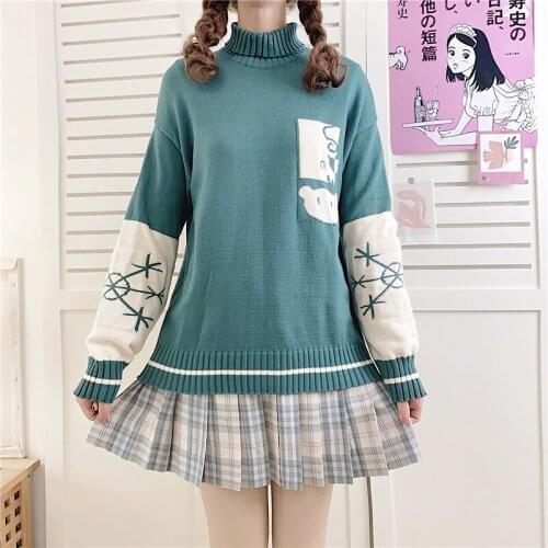 2021 Winter Warm Bear Sweaters Women Embroidery Cute Knit Turtleneck Jumpers Korean Fashion Female Harajuku Snow Pullovers