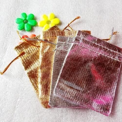 50pcs 9x12cm Gold Silver Drawstring Packaging Display Bags Metallic Foil Organza Fabric Bag Pouches Christmas Wedding Gift Bags
