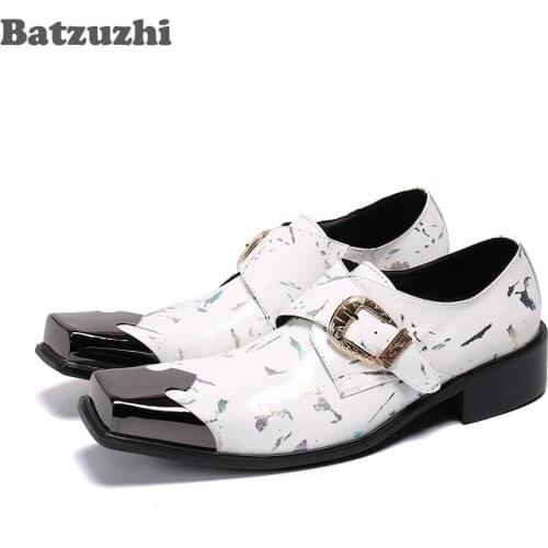 Batzuzhi Brand New Mens Shoes Square Toe Genuine Leather Dress Shoes Men White Chaussures Hommes Business Party, Sizes EU38-46