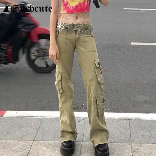 SUCHCUTE Women Cargo Jesns Fashion Pockets Hight Waist Denim Trousers Harajuku Casual Streetwear Female Cute Pants Korean Autumn