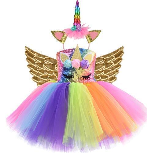Rainbow Sequin Unicorn Kids Dress Up Costumes Princess Girl Dress Party Costume Halloween Flower Girls Dresses for Weddings Knee