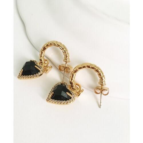 Women Jewelry Black Stone Heart Dropping Earrings Brass With 18K Gold Punk Party Gown Runway Rare Korean Japan Boho Hiphop