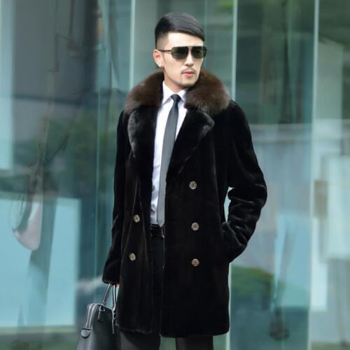 Double-breasted faux mink leather jacket mens winter thicken warm fur leather coat men slim jackets jaqueta de couro black