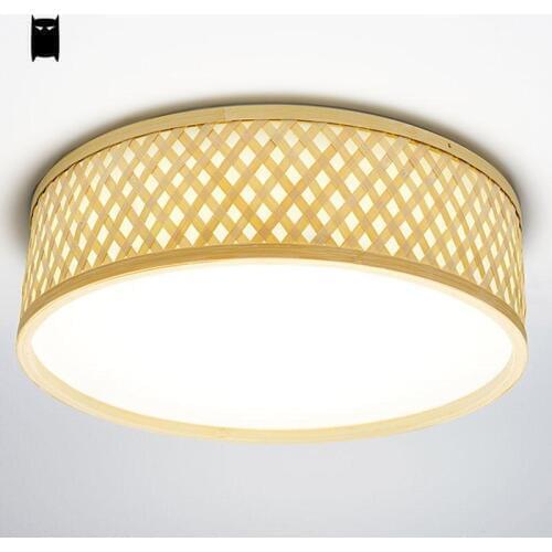 Round Bamboo Wicker Rattan Acrylic LED Ceiling Light Fixture Japanese Tatami Nordic Korean Flush Mount Plafon Lamp Home Bedroom
