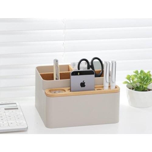 Multi-function Bamboo Wood Desktop Storage Box Cosmetic Organizer Remote Control Phone Holder Home Office Organizer