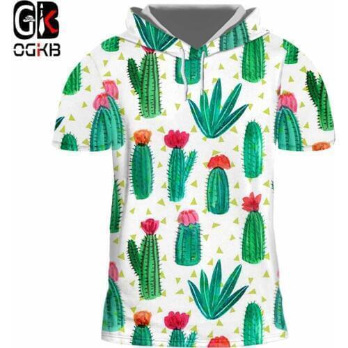 OGKB New Harajuku Tops Women/mens Cool Print Plant Cacti 3D Hooded Tshirt Man Slim Fit Fitness Casual T-shirt Short Sleeve Hoody