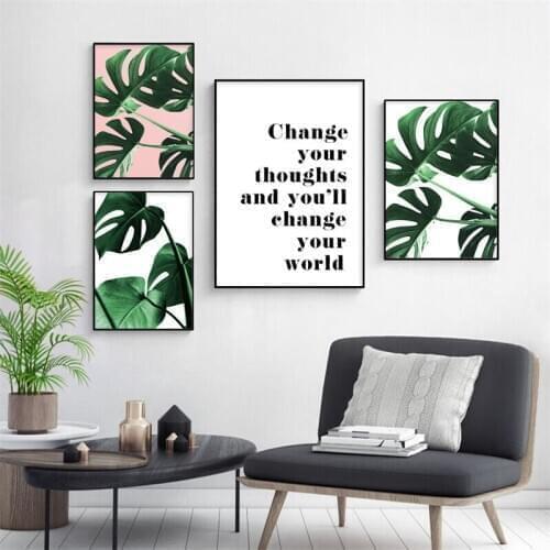 Green Plants Mostera Leaf Canvas Poster Nordic Print Scandinavian Wall Art Motivation Quote Painting Minimalist Home Decor