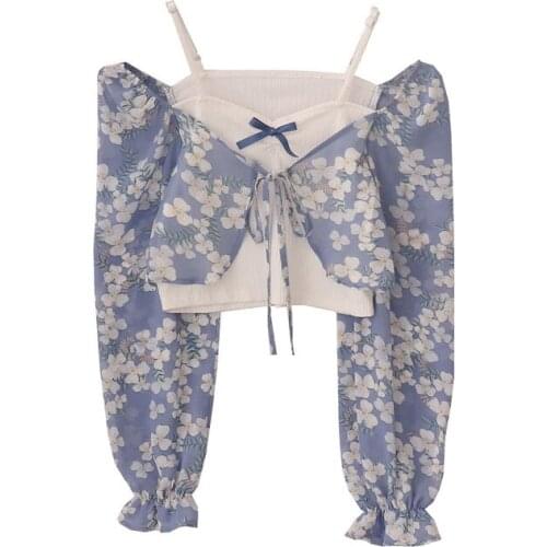 Shirts Women Autumn New Fashion Patchwork Fake Two-piece Floral lace Tops Long Sleeve Retro All-match Daily Sexy straples Top