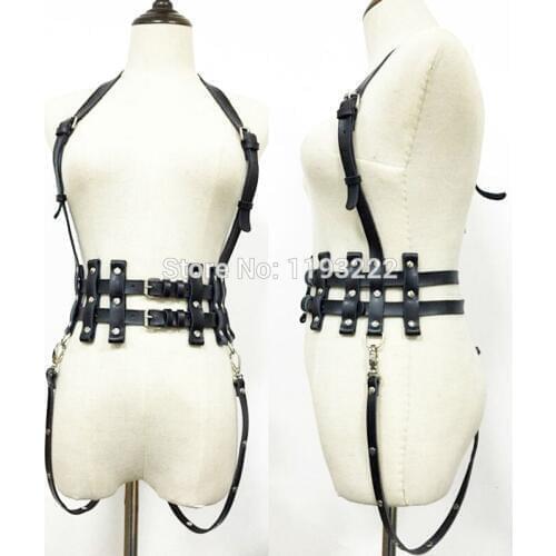 Sexy Punk Gothic Handcrafted Party Club Pub Leather Halter Harness Underbust Cross Waist Cincher Belt Straps