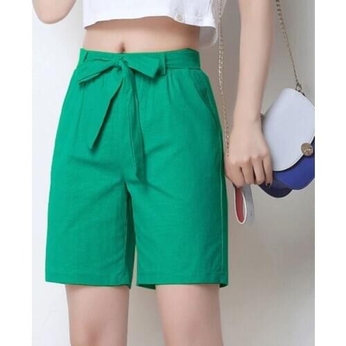 Plus size M-7XL Korean style sweet cotton linen Shorts 2020 Fashion Solid High Waist Wide Leg Shorts With Belt 10 Colors short
