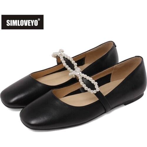 SIMLOVEYO 2021 Genuine Leather Comfort Plus Lady Flat Beading Mary Janes Buckle Strap Round Toe Square Heel 1cm US9 Beige A4284