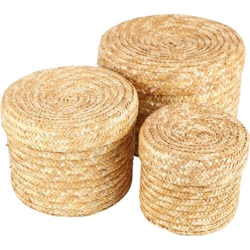 3 Pcs/Set Handmade Straw Woven Storage Basket With Lid Snack Organizer Storage Box Laundry Baskets Rattan Storage Flower Basket