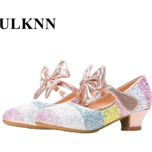 Girls High Heel Shoes Kids Rainbow Sequins Princess Shoes Children New 2021 Autumn Bowknot Single Babay Show High Heels Shoe