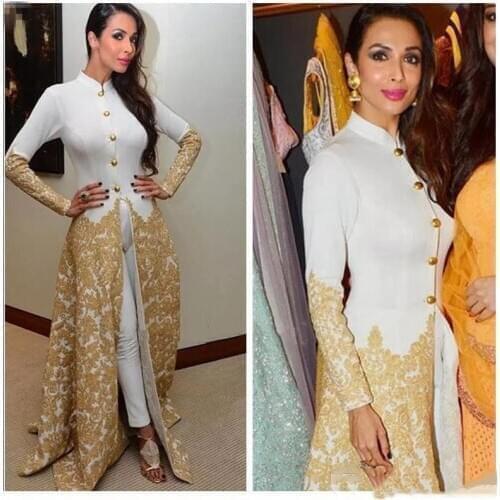 Saudi Formal Evening Dresses High Neck Long Sleeves Caftan With Pants Gold Lace Appliques Malaika Arora Khan Arab Prom Party Gow