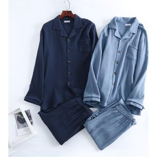 Spring New Products Mens Water Texture Crepe Gauze Suit Collar Pajamas Solid Color Button Home Set Qualities Mens Lounge Wear