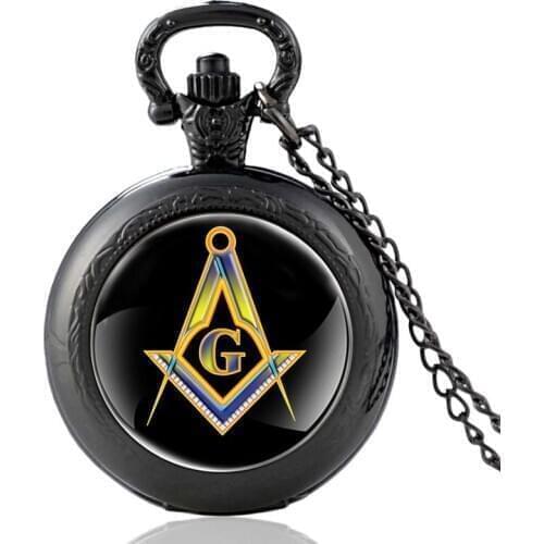 Vintage Black Masonic Logo Design Glass Cabochon Quartz Pocket Watch Retro Men Women Pendant Necklace Chain Clock