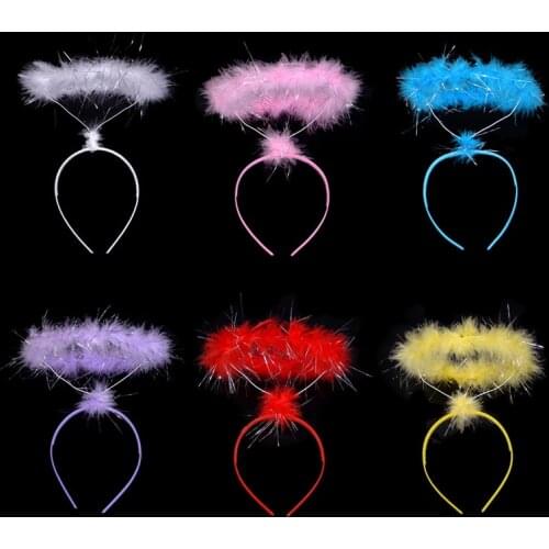 Women Girl Pink White Feather Angel Halo Ring Headband Kids Princess Headwear Birthday Party Halloween Christmas Gift Props