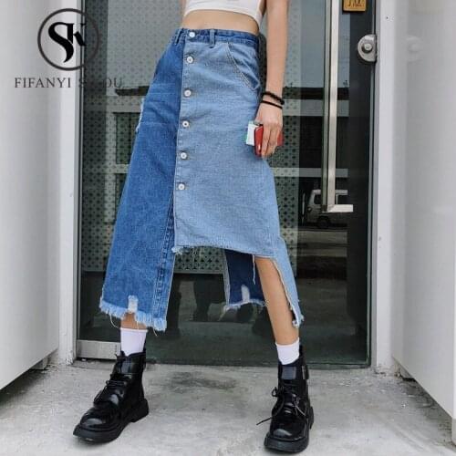 Mid Long Denim Skirt Women Patchwork Button Front Split High waist Skirts Streetwear Washed Blue A-Line Jeans Skirts Female 2020