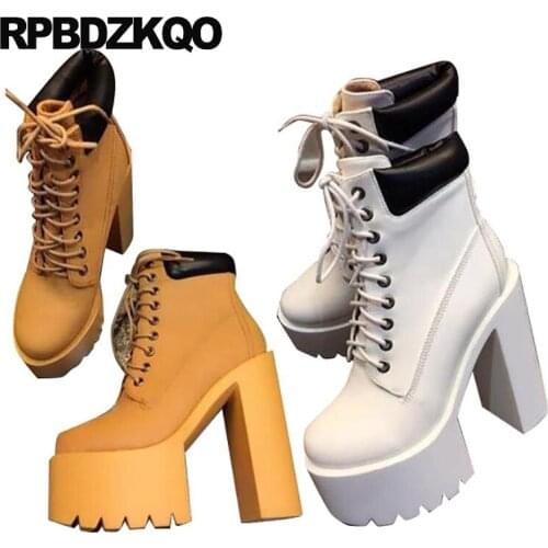 High Heel Waterproof 15cm Extreme European Cheap White Platform Boots Fetish Ankle Sexy Shoes Women Short Block Chunky Brown