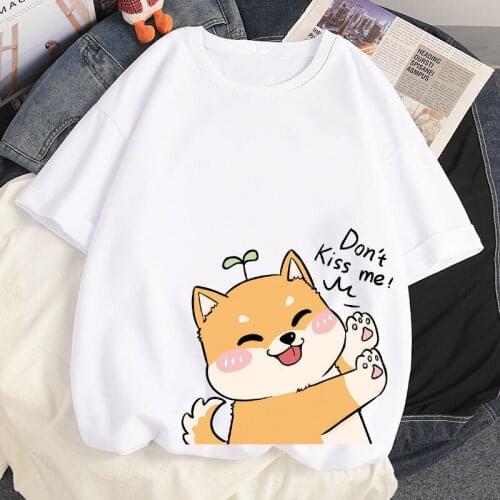 100% Cotton Summer White Oversized T-shirts Harajuku Cartoon Anime Kawaii Shiba Inu Printing Loose Short Sleeved T Shirts Women