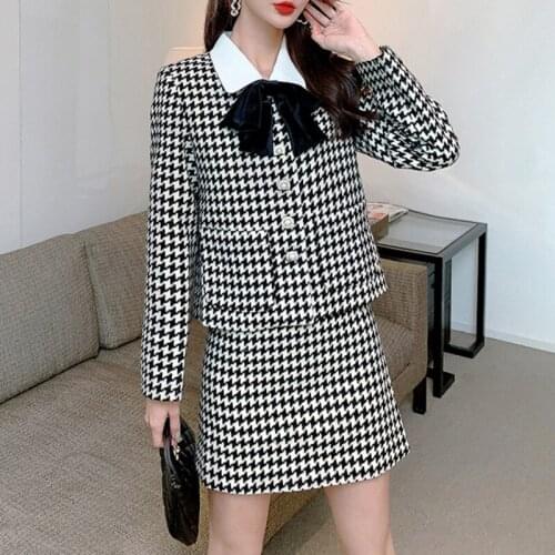 Autumn Winter Houndstooth Suits Women 2 Piece Set Beading Big Bowknot Tweed Short Jacket Coat + High Waist Mini Skirt Set