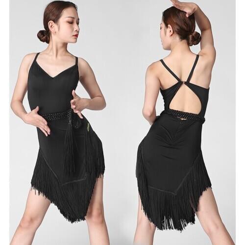 Latin Dance Dress Female Adult Black Sexy Backless Irregular Fringe Performance Clothes Tango Salsa Cha Cha Samba Rumba DNV13695