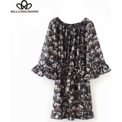 Bella Philosophy summer vintage slash neck printing loose ruffles chiffon dress fashion sashes chic vestidos casual dress