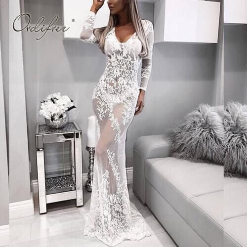 Ordifree 2021 Summer Women Long Party Mermaid Dress Long Sleeve Sexy Transparent White Lace Maxi Vocation Tunic Beach Dress