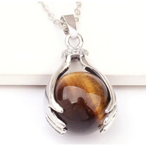 100-Unique 1 Pcs Silver Plated Natural Tiger Eye Stone Round Bead Hand Shape Pendant for Necklace Link Chain