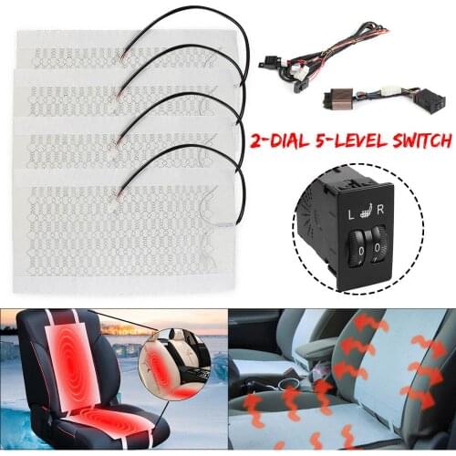 2 Seats 4 Pads Universal Carbon Fiber Heated Seat Heater 12V Pads 2 Dial 5 Level Switch Winter Warmer Seat Covers 2/5 level