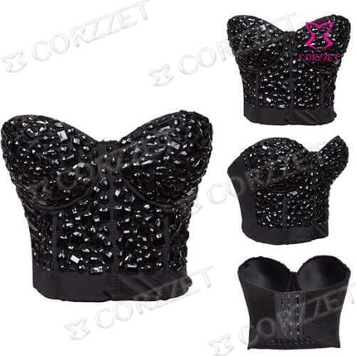 2015 Latex Dancewear Clubwear Steampunk Bralette Brassiere Lingerie Black Crystal Beading Decoration Push Up Bra Bras For Women