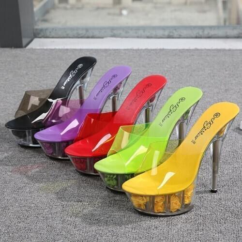 2021 Women 15cm Thin High Heels Sexy 4.5cm Crystal Platform Yellow Green Slippers Lady Summer Fetish Sandals Party Dance Shoes