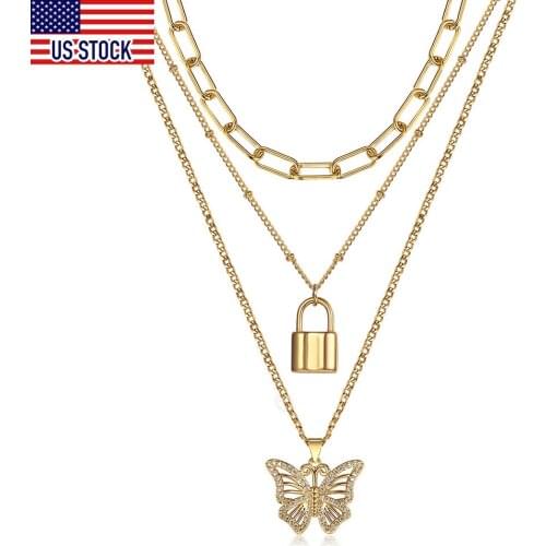 3pcs/Set Gold Color Rolo Box /Dainty Satellite Choker Necklace With Lock /Butterfly Iced Out Rhinestones CZ Pendant DN195A