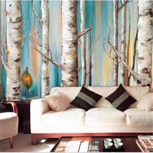 Beibehang Custom 3d wallpaper picture European retro hand-painted birch forest landscape oil painting wall living room 3d murals