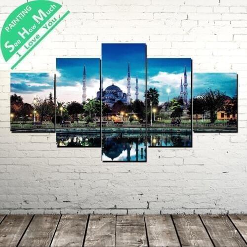 5 Piece The Symbol of Istanbul Blue Mosque Wall Art Canvas Poster and Print Canvas Painting Decorative Picture Home Decor
