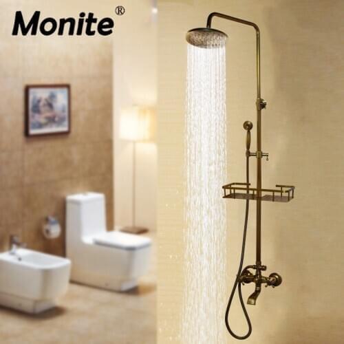 Monite Antique Brass Bathroom Shower Set With Shower Hand Round Shower Hand Rainfall Mixer Taps Double Handles Bathroom Combo