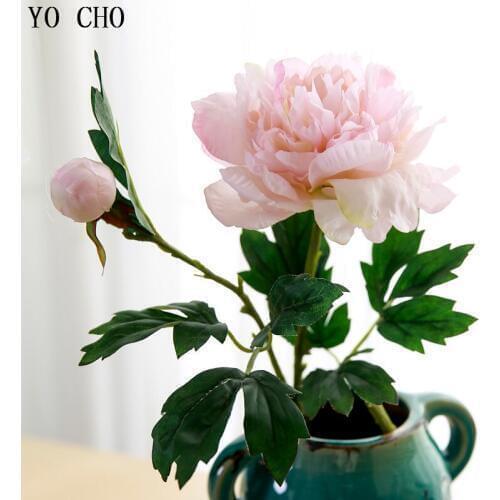 YO CHO 60cm Long Big Artificial Peony Branch Flowers Wedding Home Decoration Fabric Flowers Peony Pink Fake Flowers Crafts Party