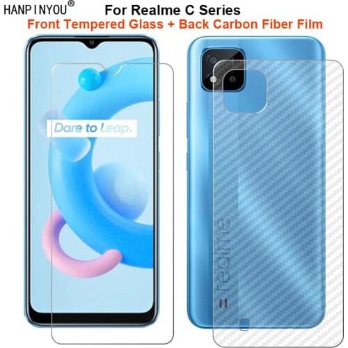 For Realme C25 C25s C21 C20 C15 C12 C11 V3 1 Set = Soft Back Carbon Fiber Film + Premium Tempered Glass Front Screen Protector