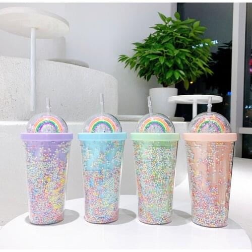 Korean Plastic Cup Double Layer with Straw Net Red Ins Water Cup Girl Home Office Water Bottle with Straw Kawaii Cute Drinkware