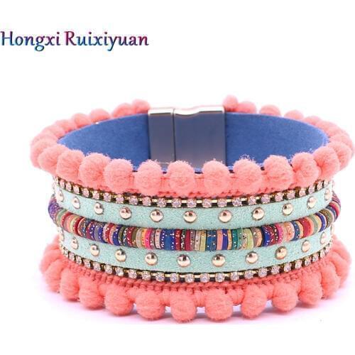 Leather bracelet ladies leather bracelet ethnic style retro lace cotton ball bracelet high quality magnetic buckle bracelet