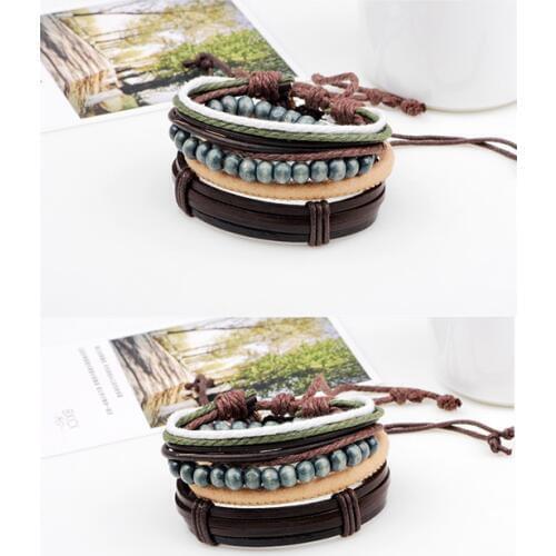 WBL DIY Leather Braided Bracelet Men Charm Wood Beads Bracelets 4pcs/Set Bangle Punk Wrap Wristband For Male Women Vintage