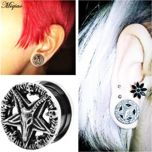 Miqiao Hot 2pcs Stainless Steel Pentagon Logo Tunnels Ear Plugs Piercing Expanders 8-25mm Body Jewelry Men Women